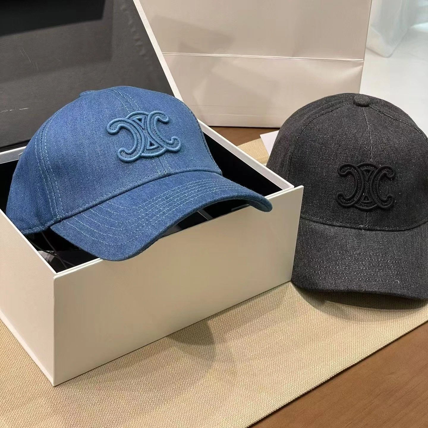 Denim Baseball Cap Blue Black Embroidered Logo Casual Hat