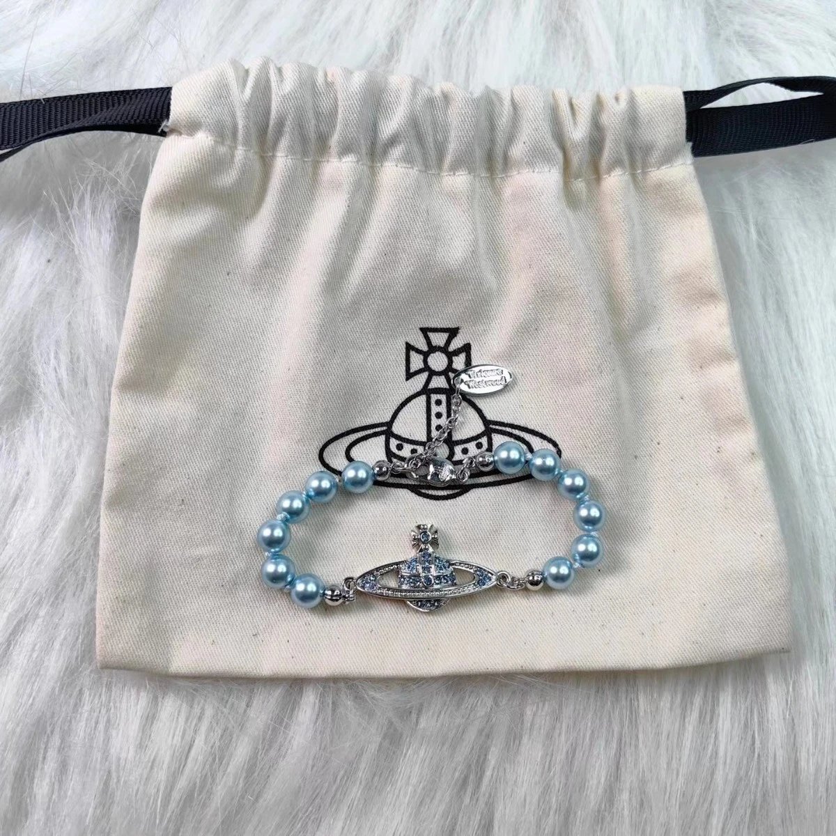 Vivienne Westwood Blue Pearl Orb Charm Necklace Earrings Bracelet Set