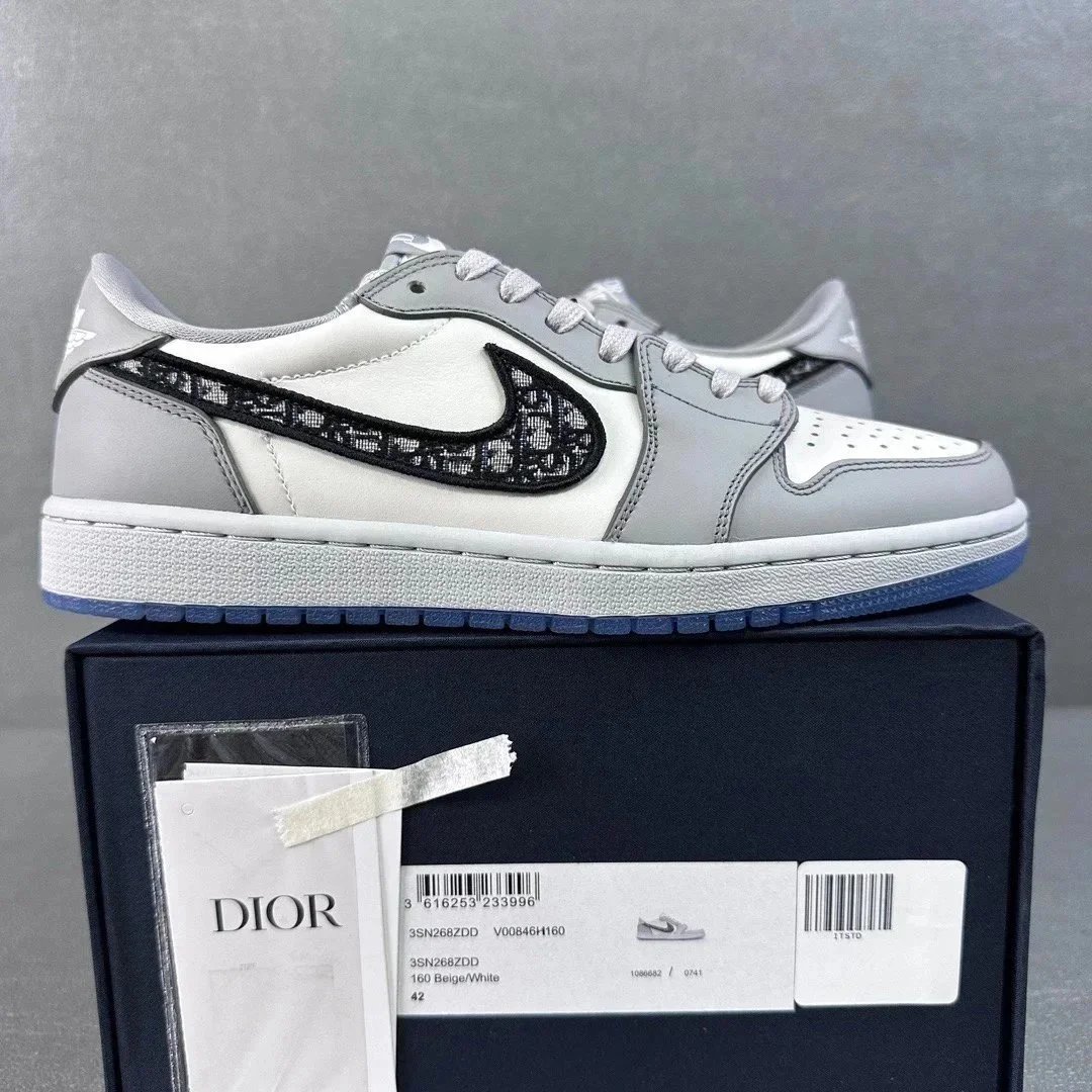 Dior X Nike Air Jordan 1 Grey White Oblique Pattern High Top Sneakers
