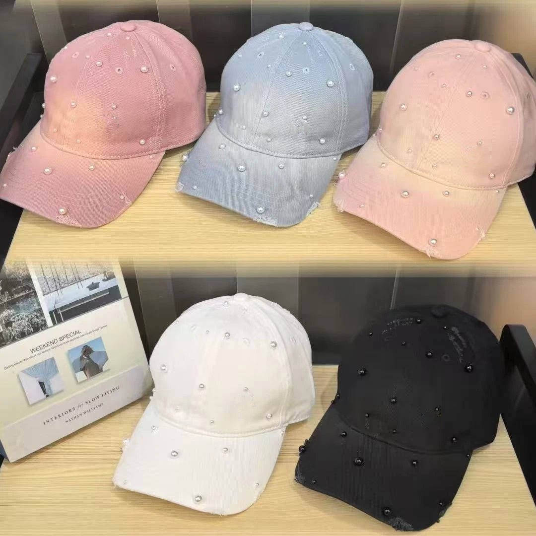 Pearl Embellished Denim Baseball Cap Pink Blue White Black Distressed