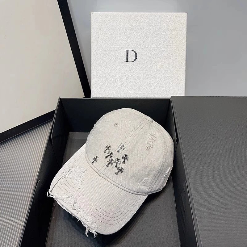 Distressed Denim Baseball Cap Gray Black Off White Embroidered Palm Tree