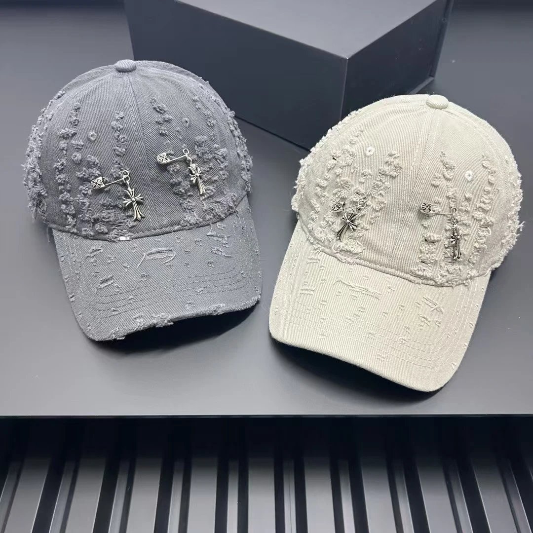 Distressed Denim Baseball Cap Red Black Beige Embellished Cross Charm