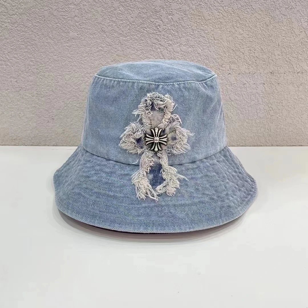 Denim Bucket Hat Light Blue Distressed Cross Embellished Casual