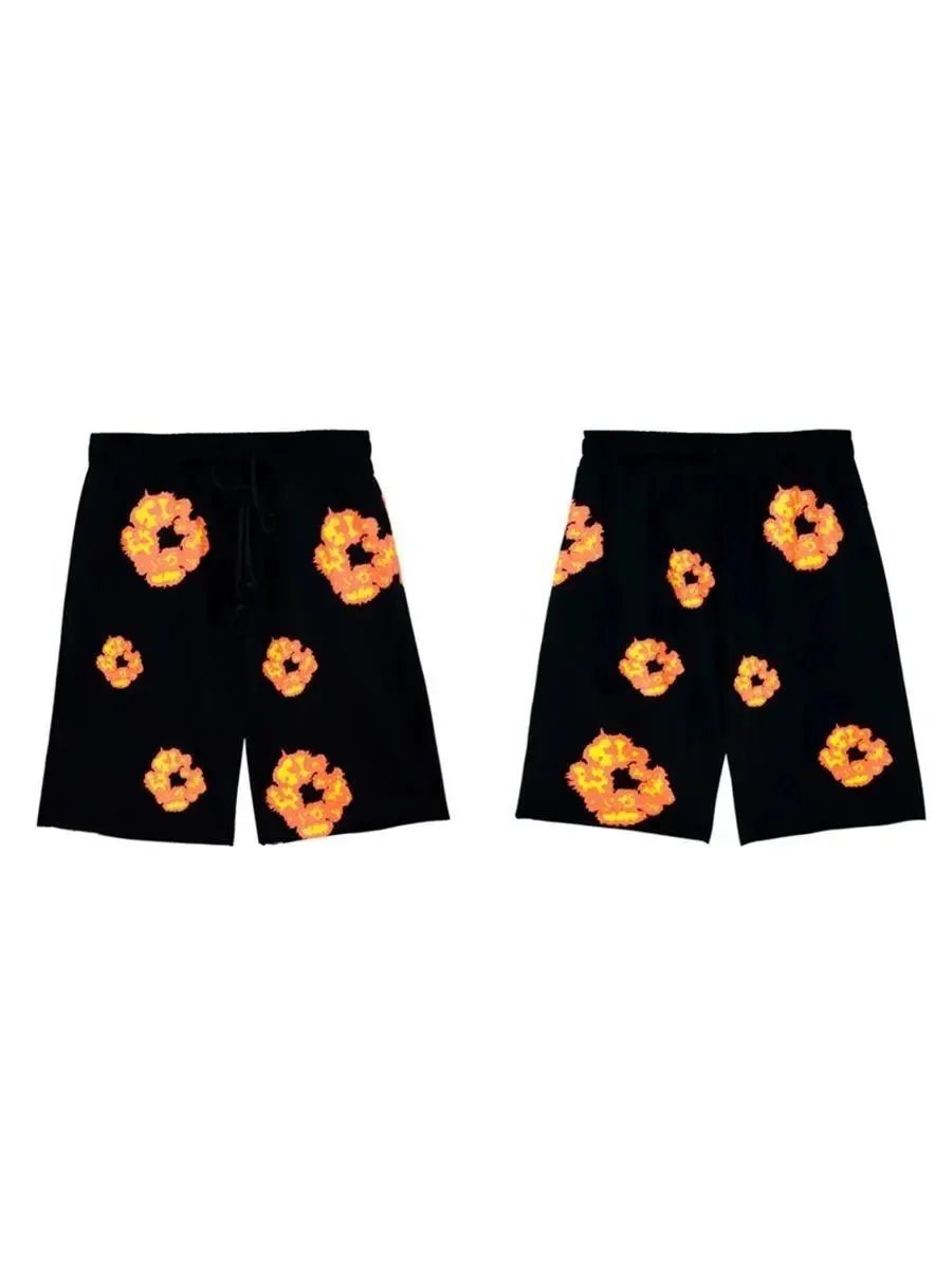 Pixel Flame Print White Black Drawstring Shorts