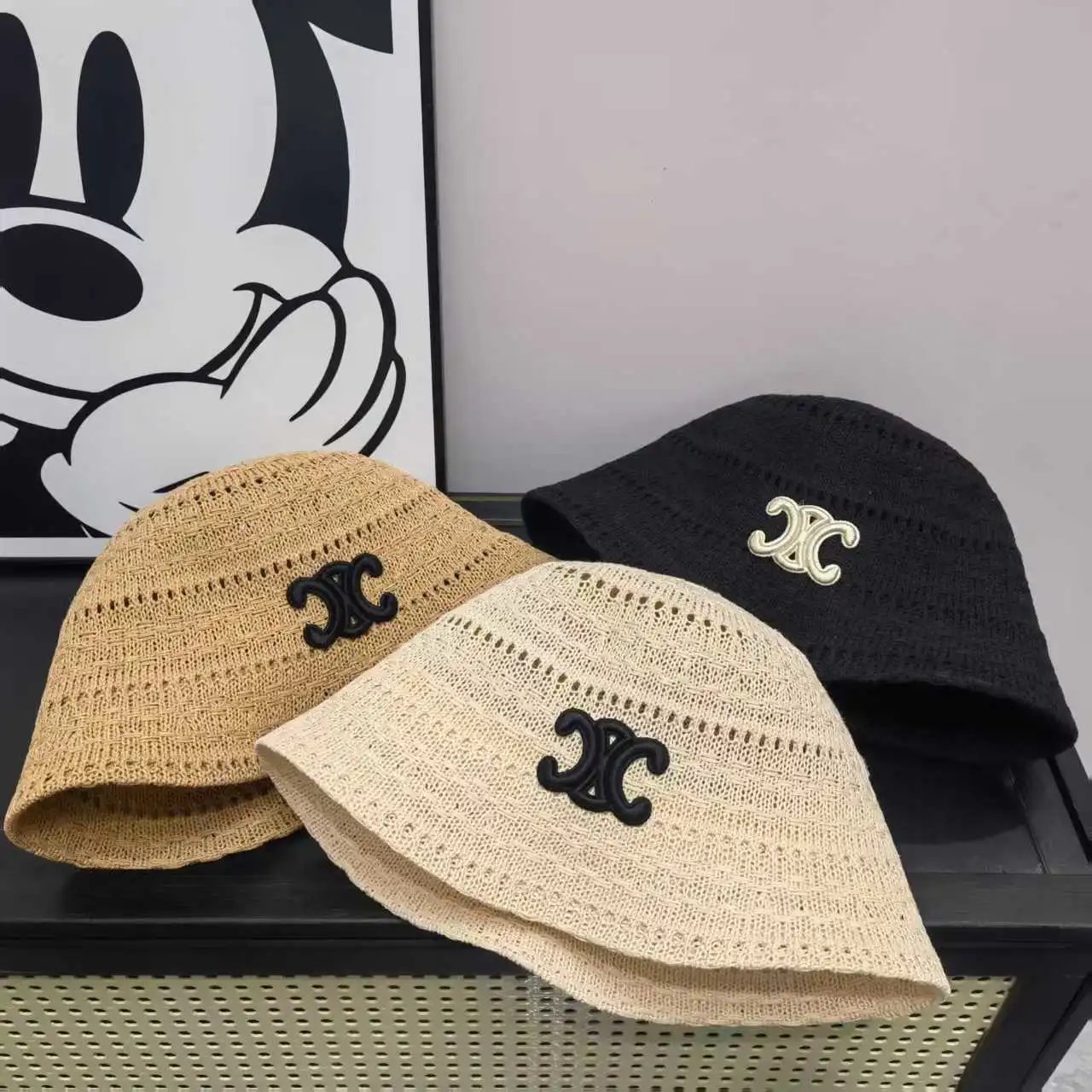 Knitted Bucket Hat Beige Black Cream Embroidered Logo Casual