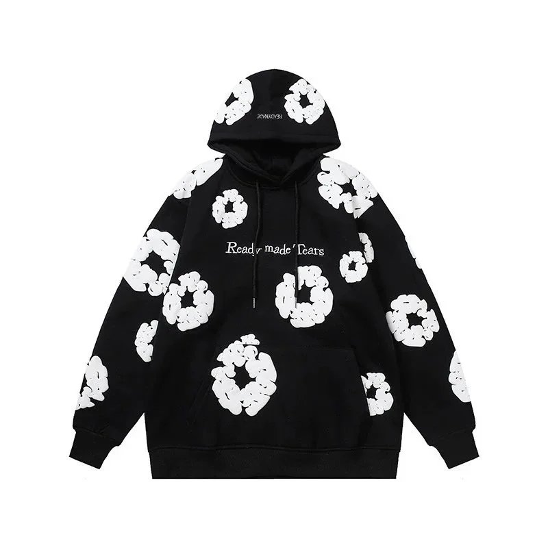 Ready Made Tears Gray Black Oversized Hoodie With 3D Flower Appliqué