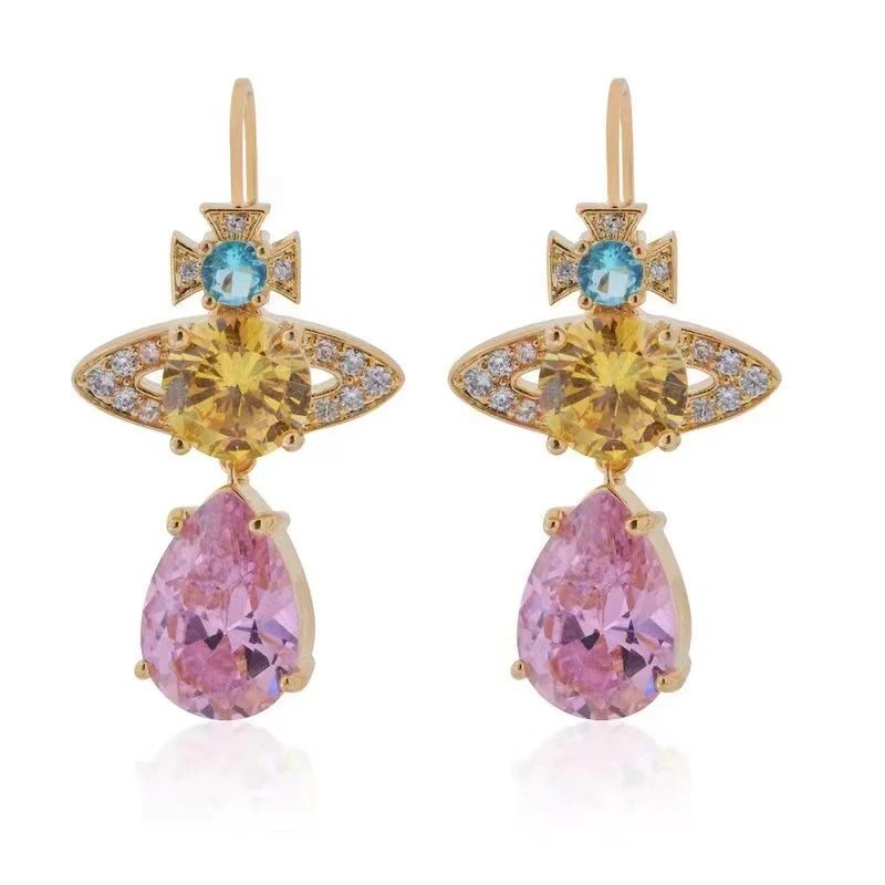 Vivienne Westwood Orb Clear Pink Yellow Crystal Drop Earrings