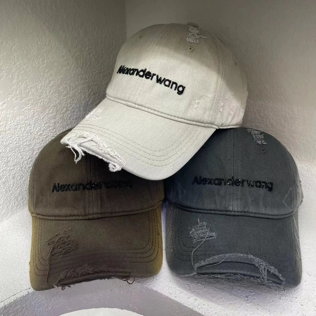 Alexander Wang Distressed Embroidered Baseball Cap Beige Olive Charcoal Vintage