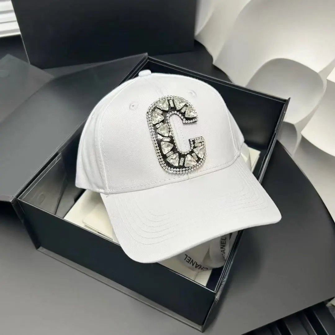Chanel Hats Rhinestone C Letter Baseball Cap — white