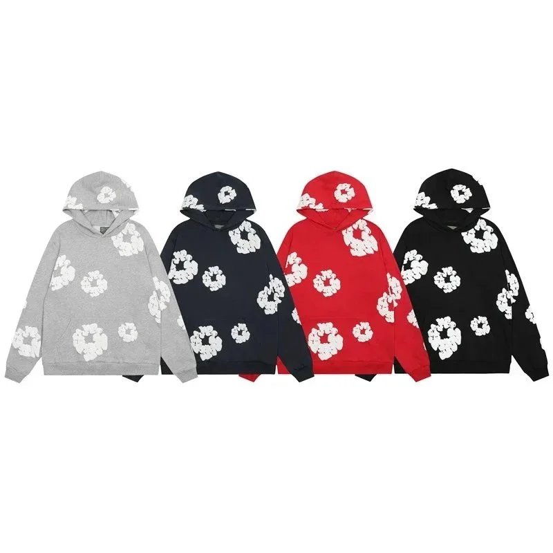 Floral Print Hooded Sweatshirt Set Gray Navy Red Black Streetwear