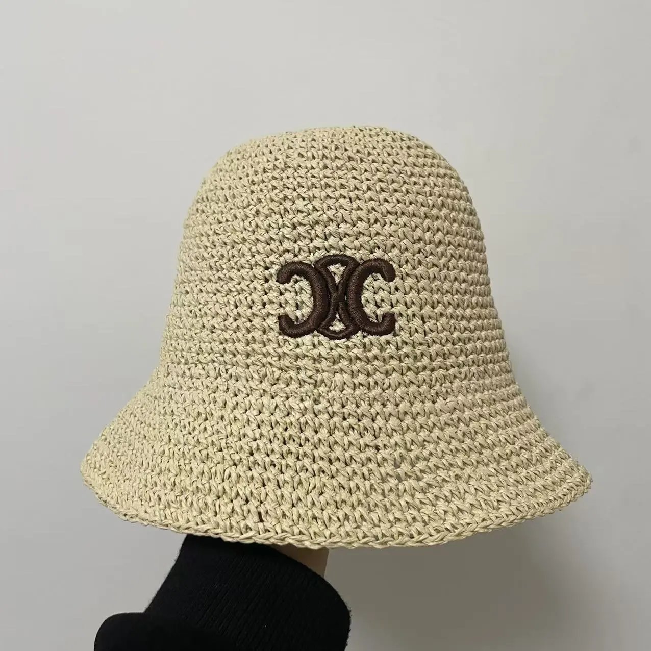 Woven Bucket Hat Beige Black Cream Embroidered Logo Summer Hat