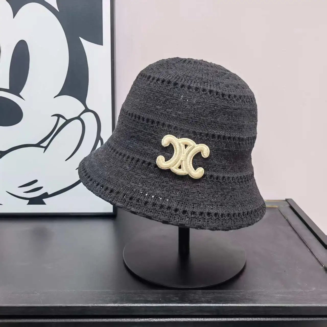 Knitted Bucket Hat Beige Black Cream Embroidered Logo Casual