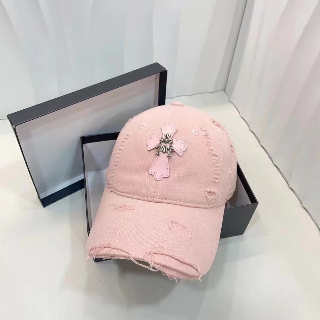 Distressed Baseball Cap with Cross Embroidery Beige White Black Gray Pink Casual Hat
