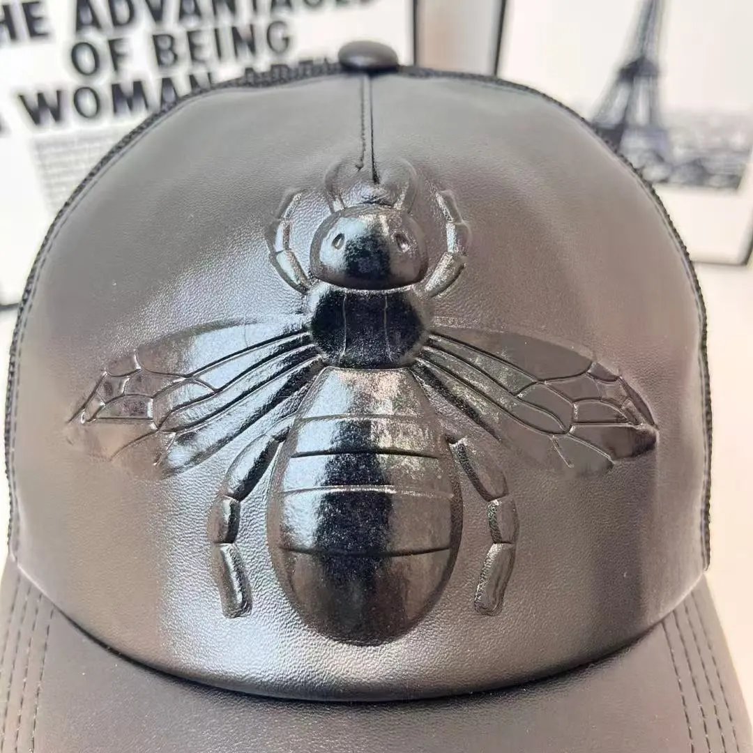 Black Leather Bee Embroidered Trucker Cap