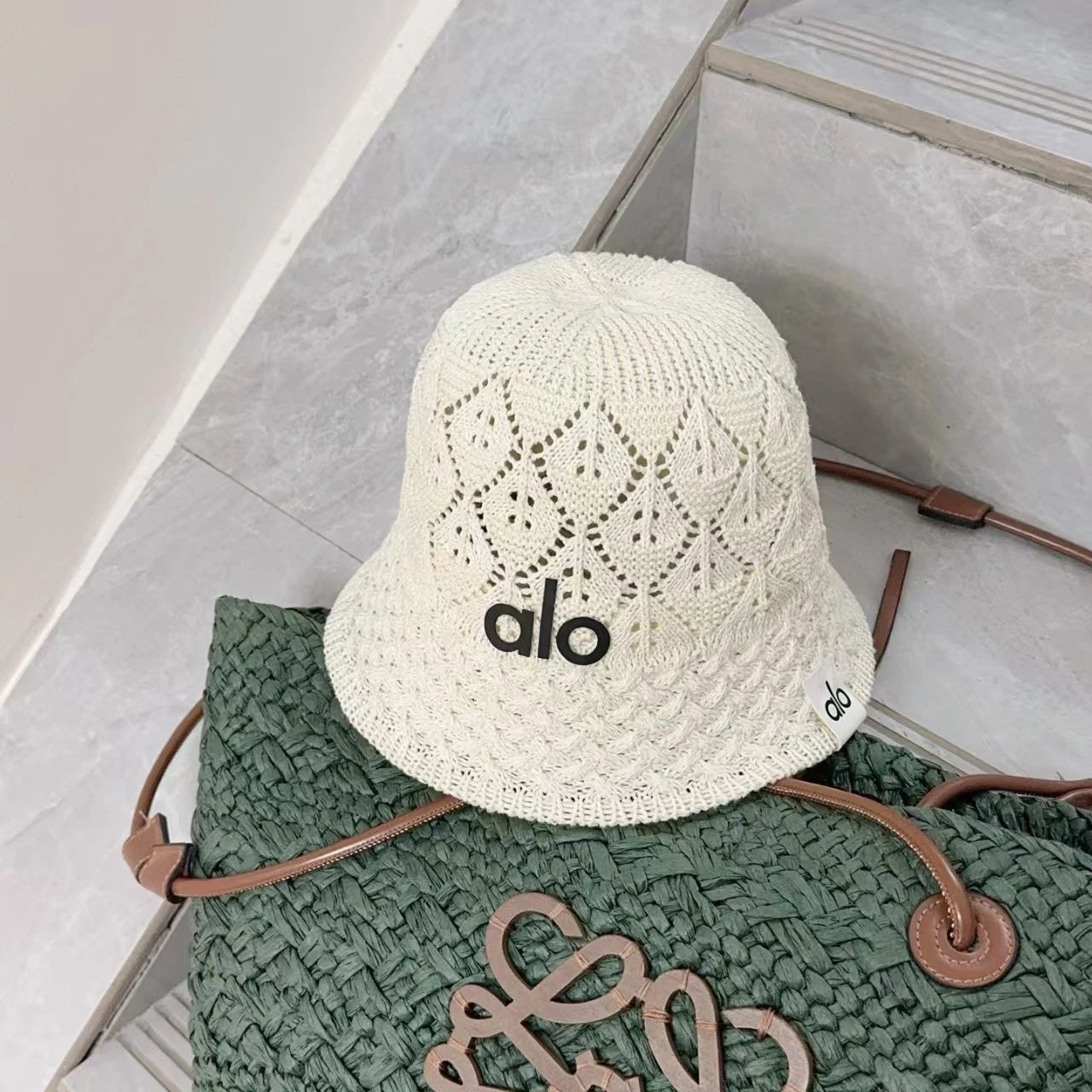 Alo Knitted Bucket Hat Light Blue Beige Gray Black Cream Crochet Style