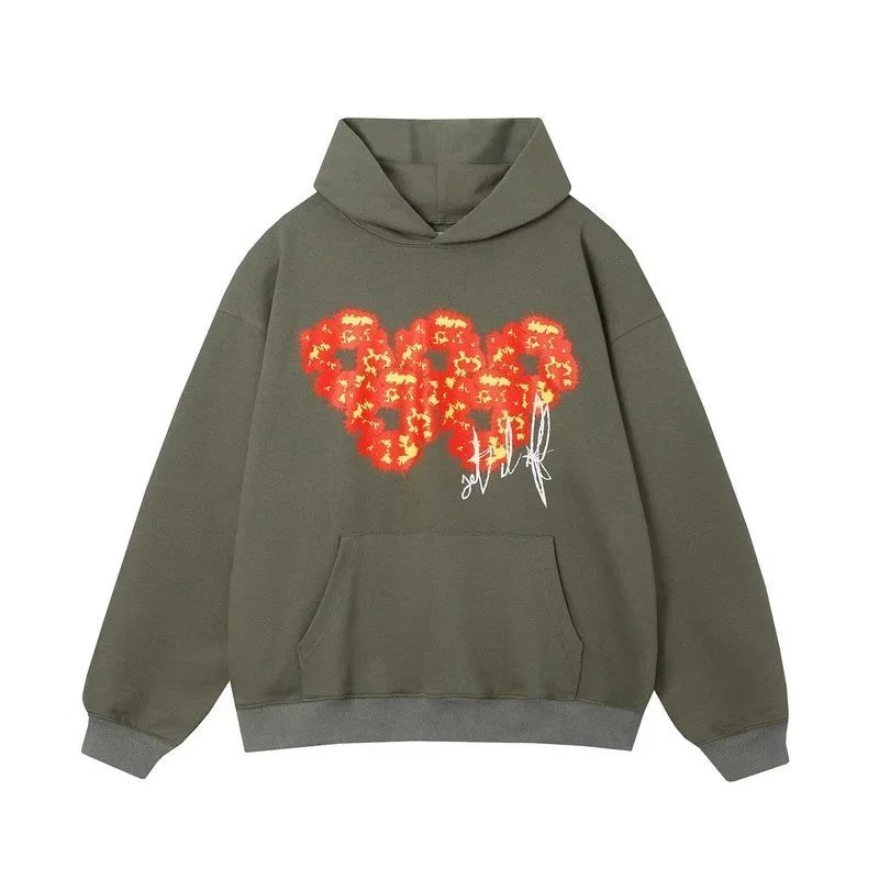 Cotton Hoodie Black White Olive Floral Embroidered Graphic Sweatshirt