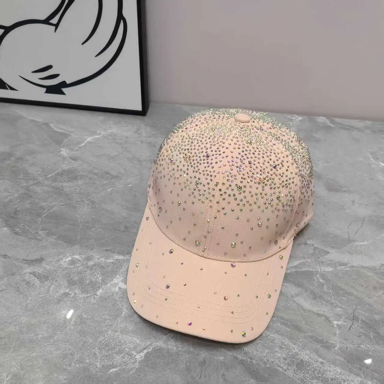 Rhinestone Embellished Baseball Cap Pink Beige White Black Sparkly Glam