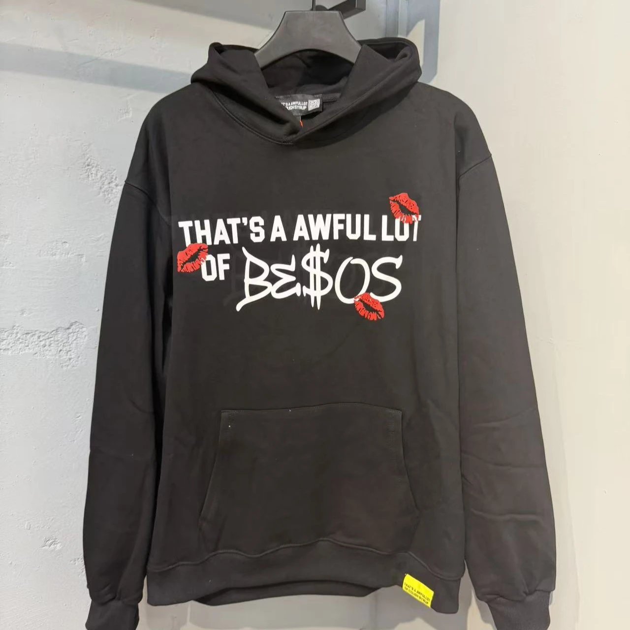 Black Graphic Hoodie With Red Lip Print And Text Statement