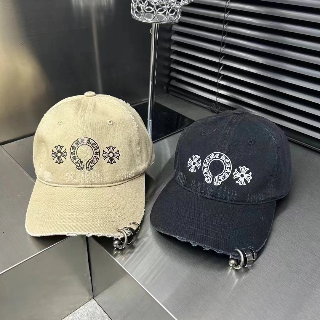 Chrome Hearts Embroidered Distressed Baseball Cap Gray Beige White Navy Streetwear