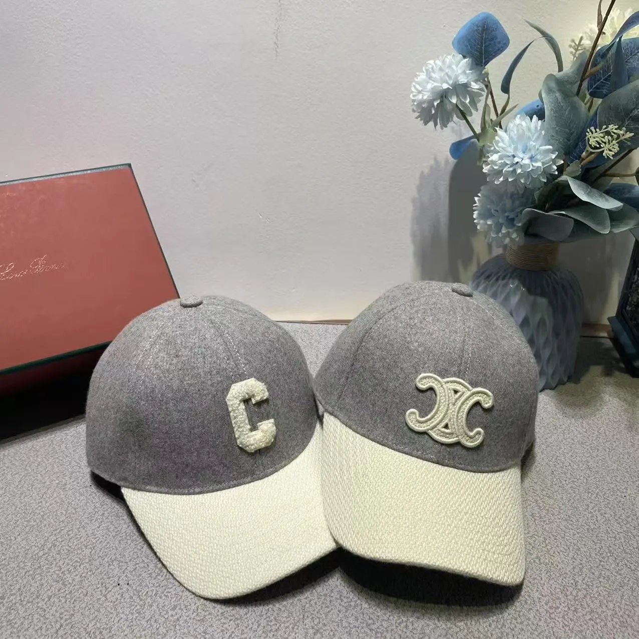 Wool Blend Baseball Cap Gray Cream Embroidered Letter C Two Tone