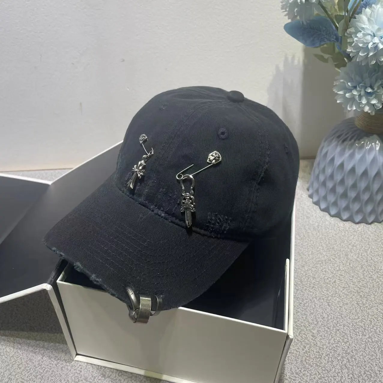Distressed Black Denim Baseball Cap with Silver Safety Pin and Cross Charms