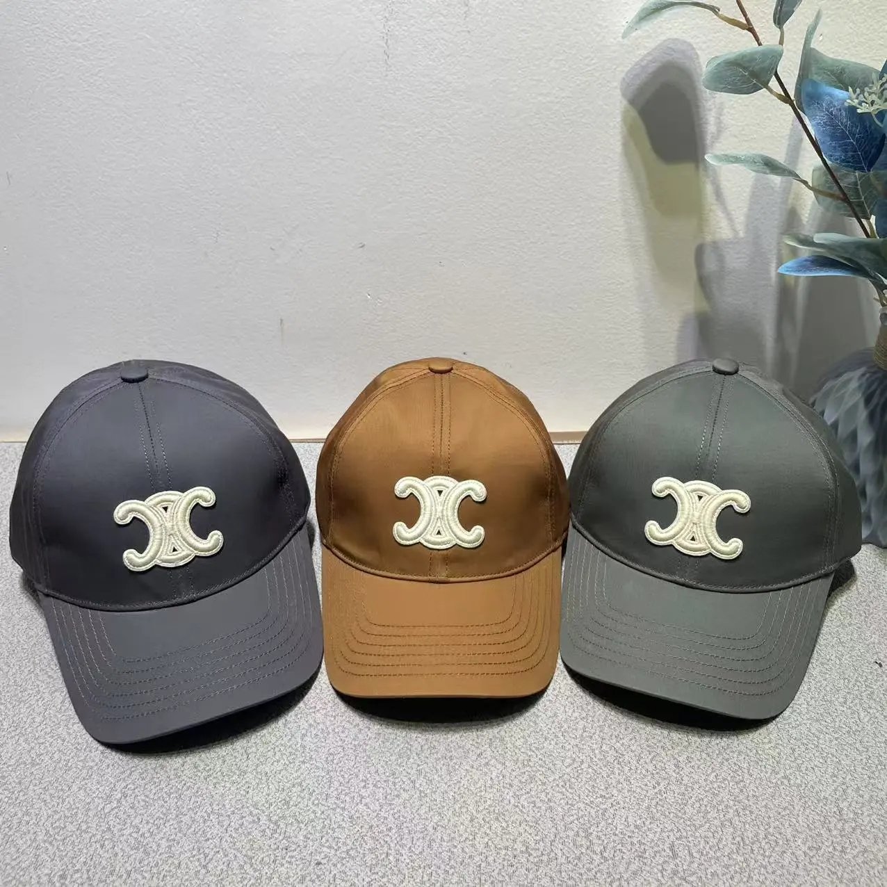 Celine Logo Embroidered Grey Brown Olive Baseball Cap