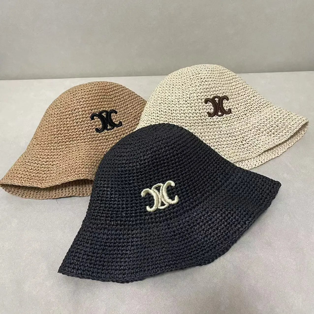 Woven Bucket Hat Beige Black Cream Embroidered Logo Summer Hat