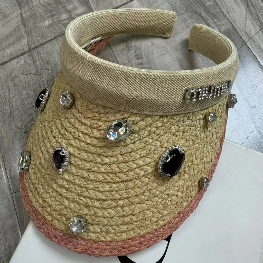 Miu Miu Straw Visor Beige Pink Black Embellished Sun Hat
