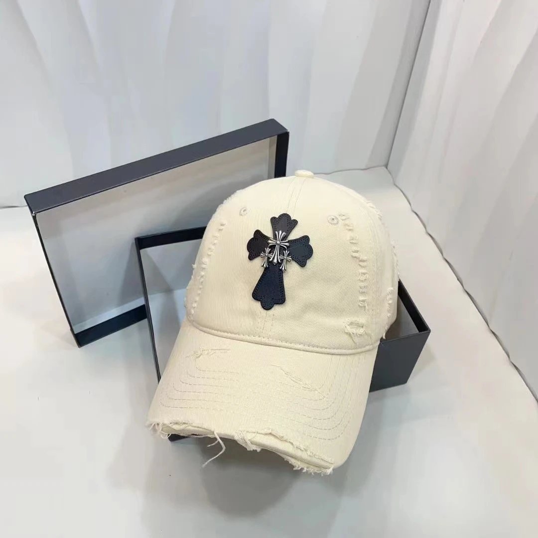 Distressed Baseball Cap with Cross Embroidery Beige White Black Gray Pink Casual Hat