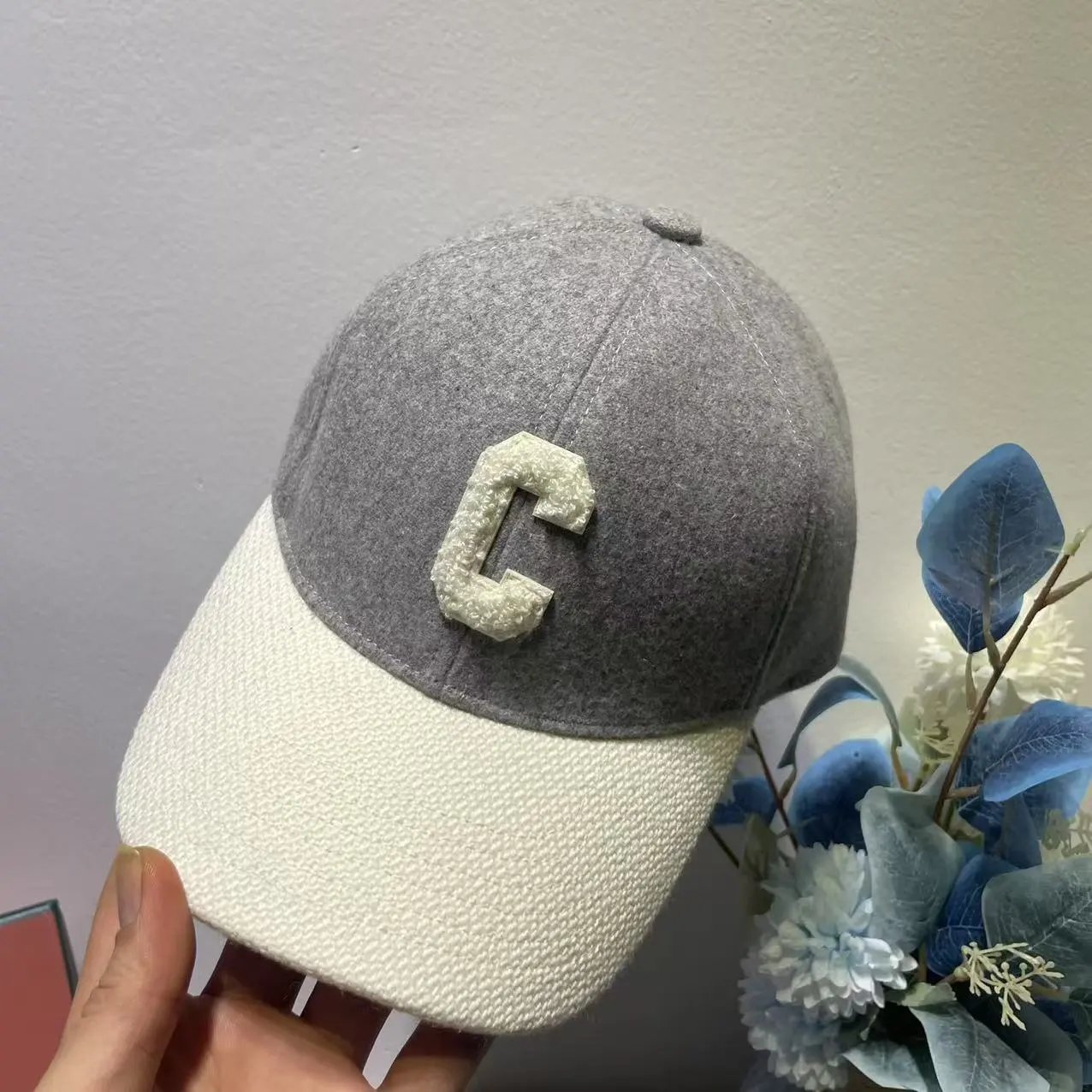 Wool Blend Baseball Cap Gray Cream Embroidered Letter C Two Tone