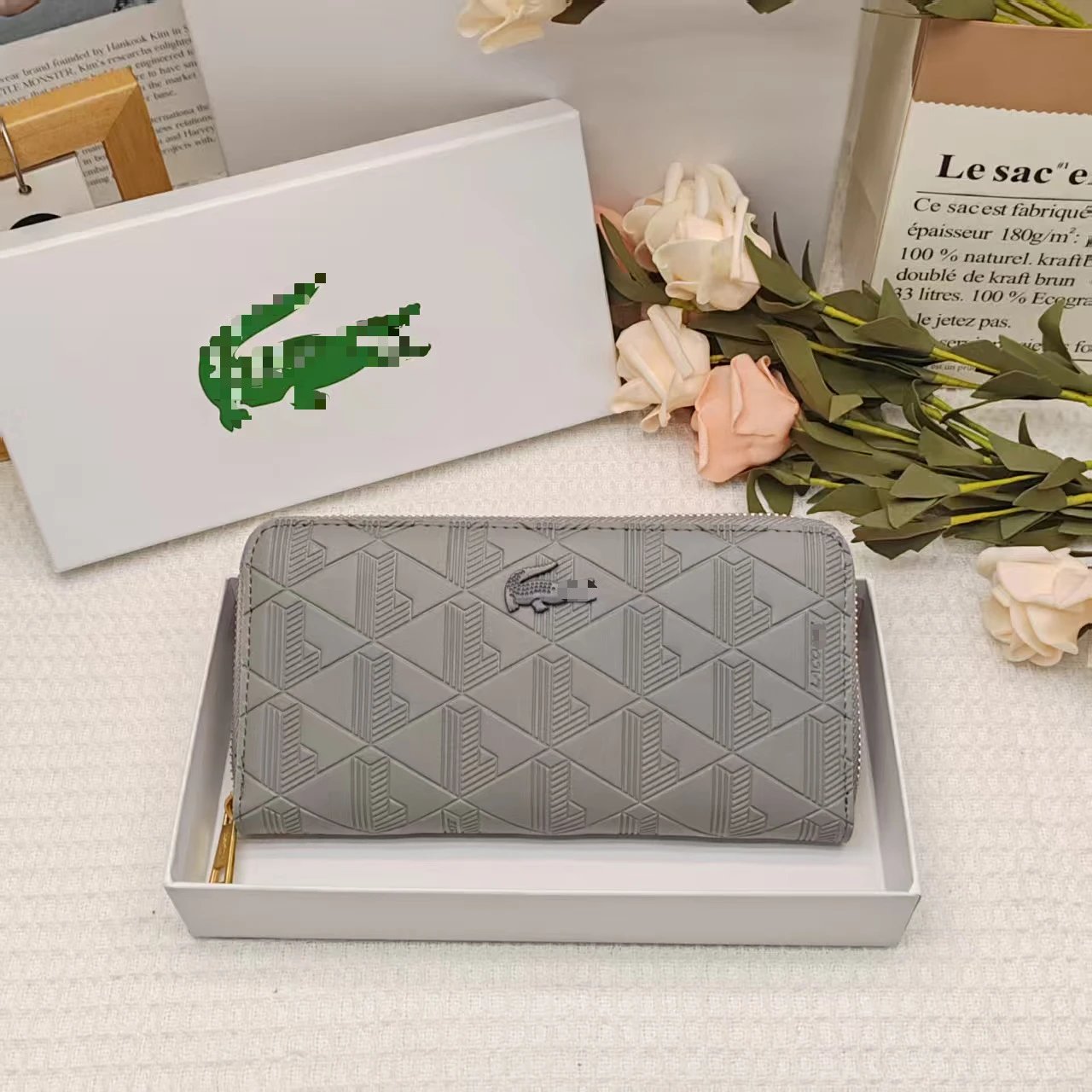 Lacoste Wallet Black Geometric Embossed Zipper Wallet