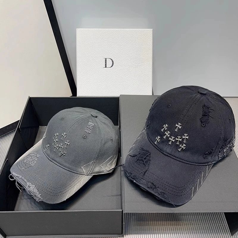 Distressed Denim Baseball Cap Gray Black Off White Embroidered Palm Tree