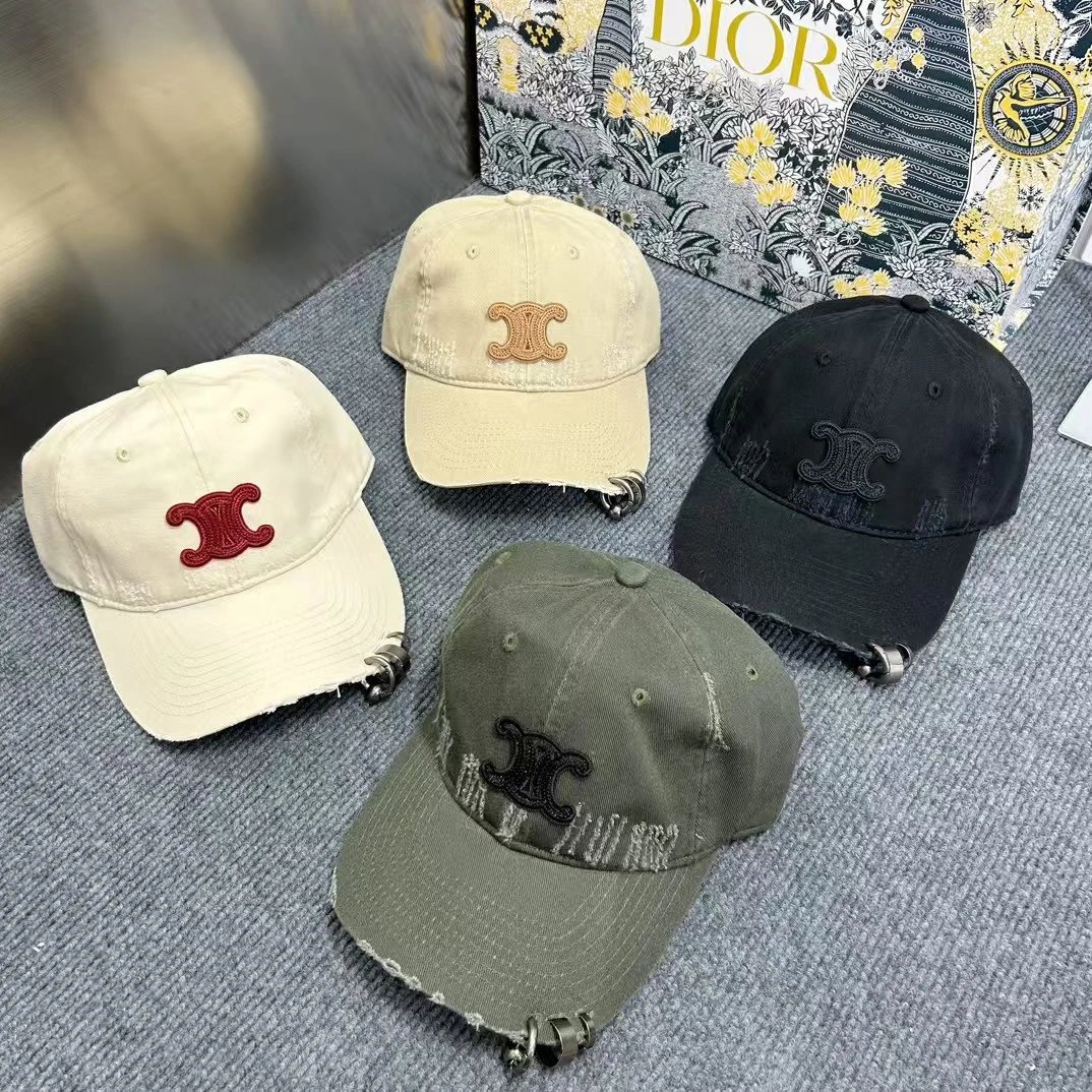 Celine Logo Embroidered Beige White Black Olive Distressed Baseball Cap