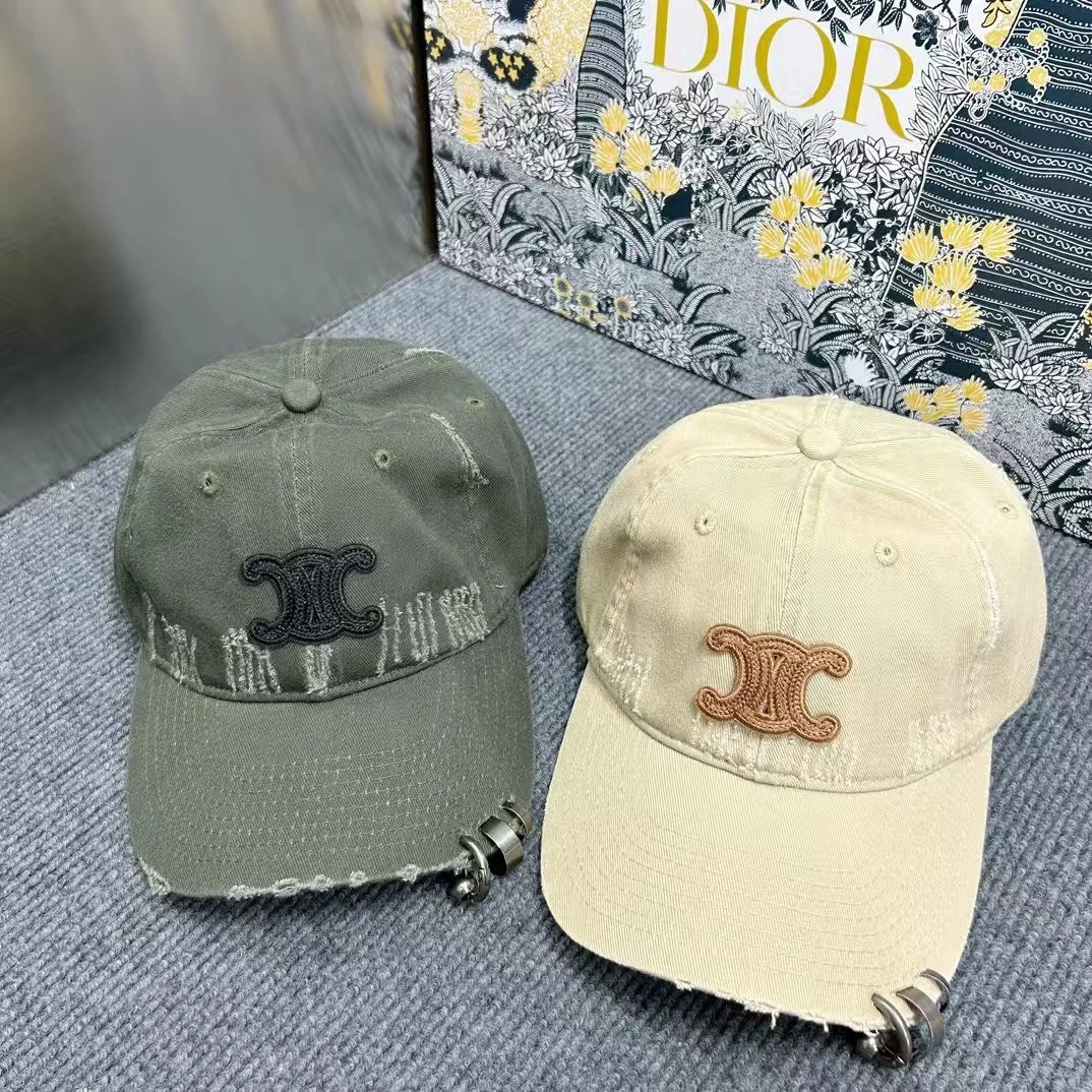 Celine Logo Embroidered Beige White Black Olive Distressed Baseball Cap