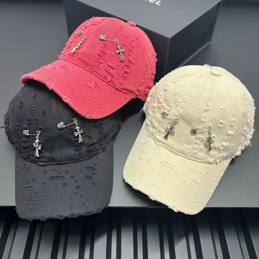 Distressed Denim Baseball Cap Red Black Beige Embellished Cross Charm