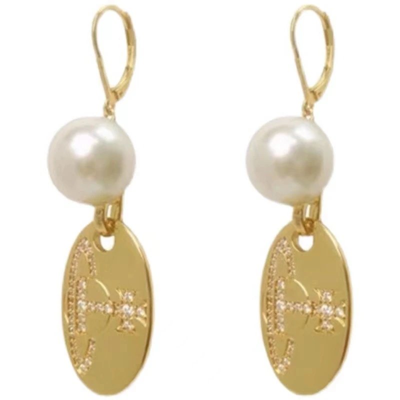 Gold Tone Oval Pendant Earrings With Pearl And Crystal Inlay