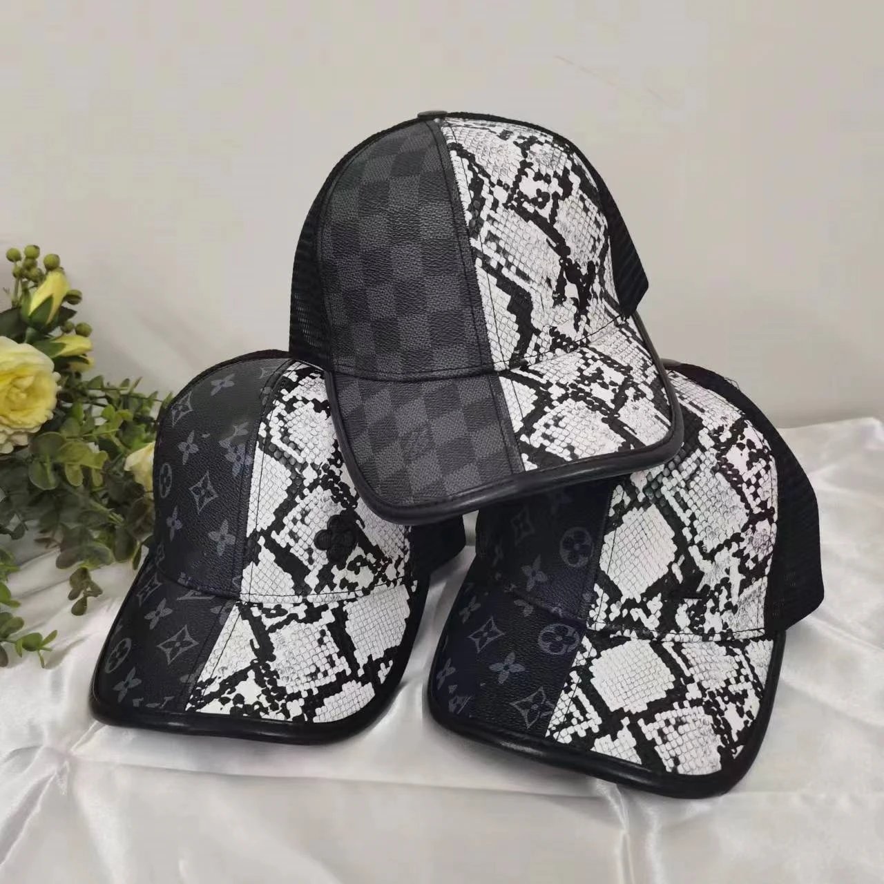 Louis Vuitton Monogram Snake Print Black White Patchwork Trucker Cap