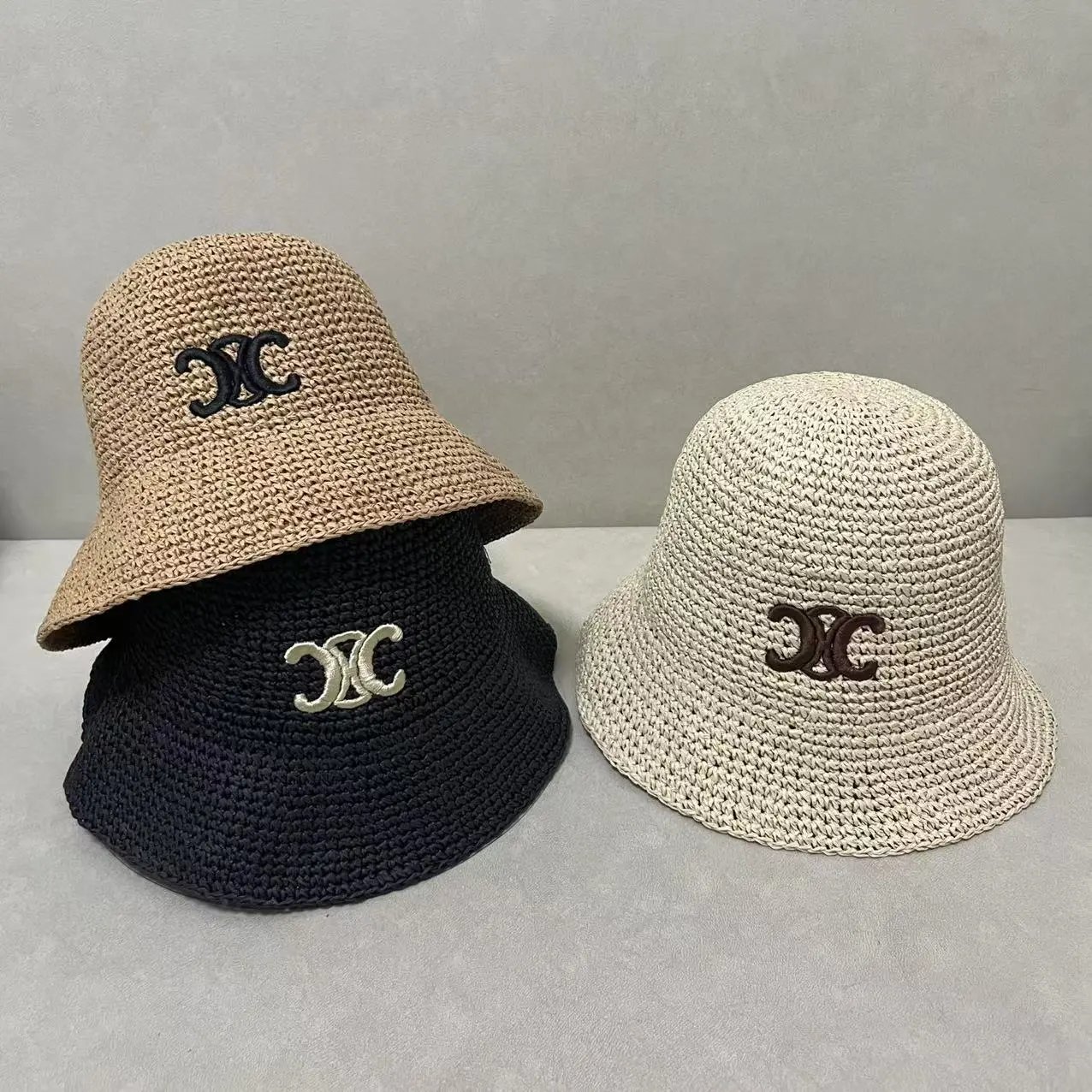 Woven Bucket Hat Beige Black Cream Embroidered Logo Summer Hat