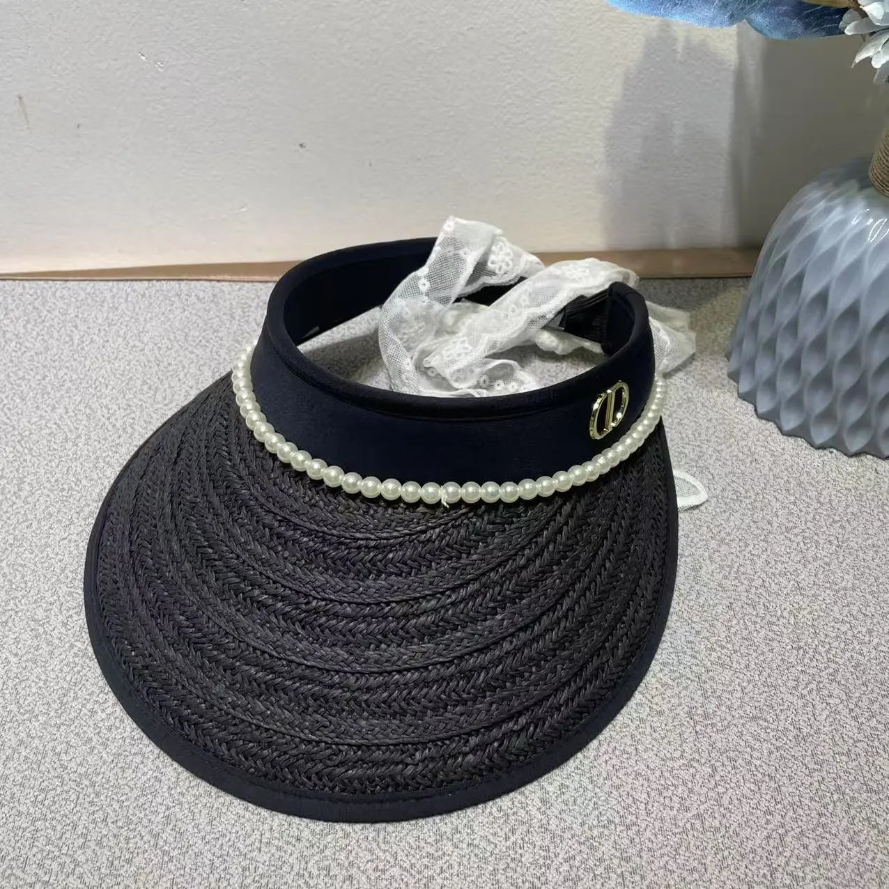 Dior Visor Black Beige Woven Pearl Embellished Sun Hat