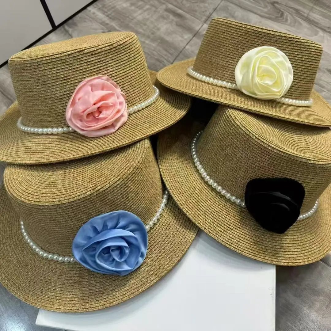 Straw Fedora Hat Beige Pink White Blue Black Floral Pearl Trim