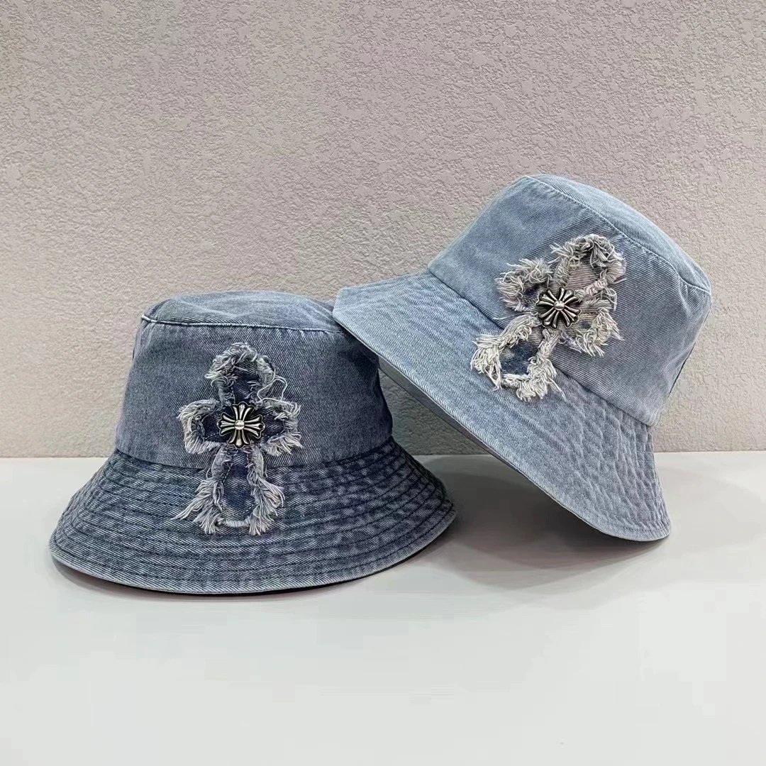 Denim Bucket Hat Light Blue Distressed Cross Embellished Casual