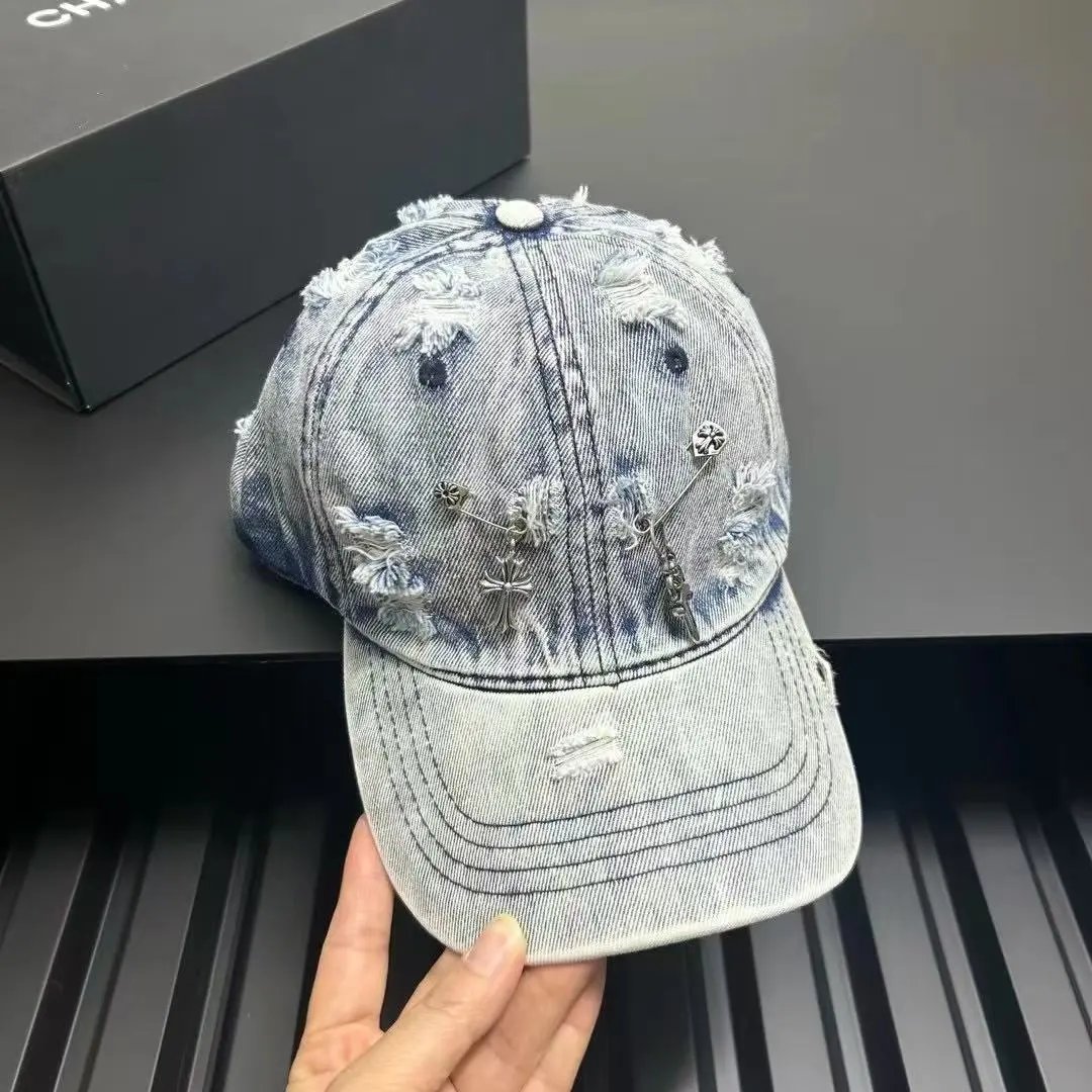 Denim Baseball Cap Distressed Gray Blue Embellished Streetwear