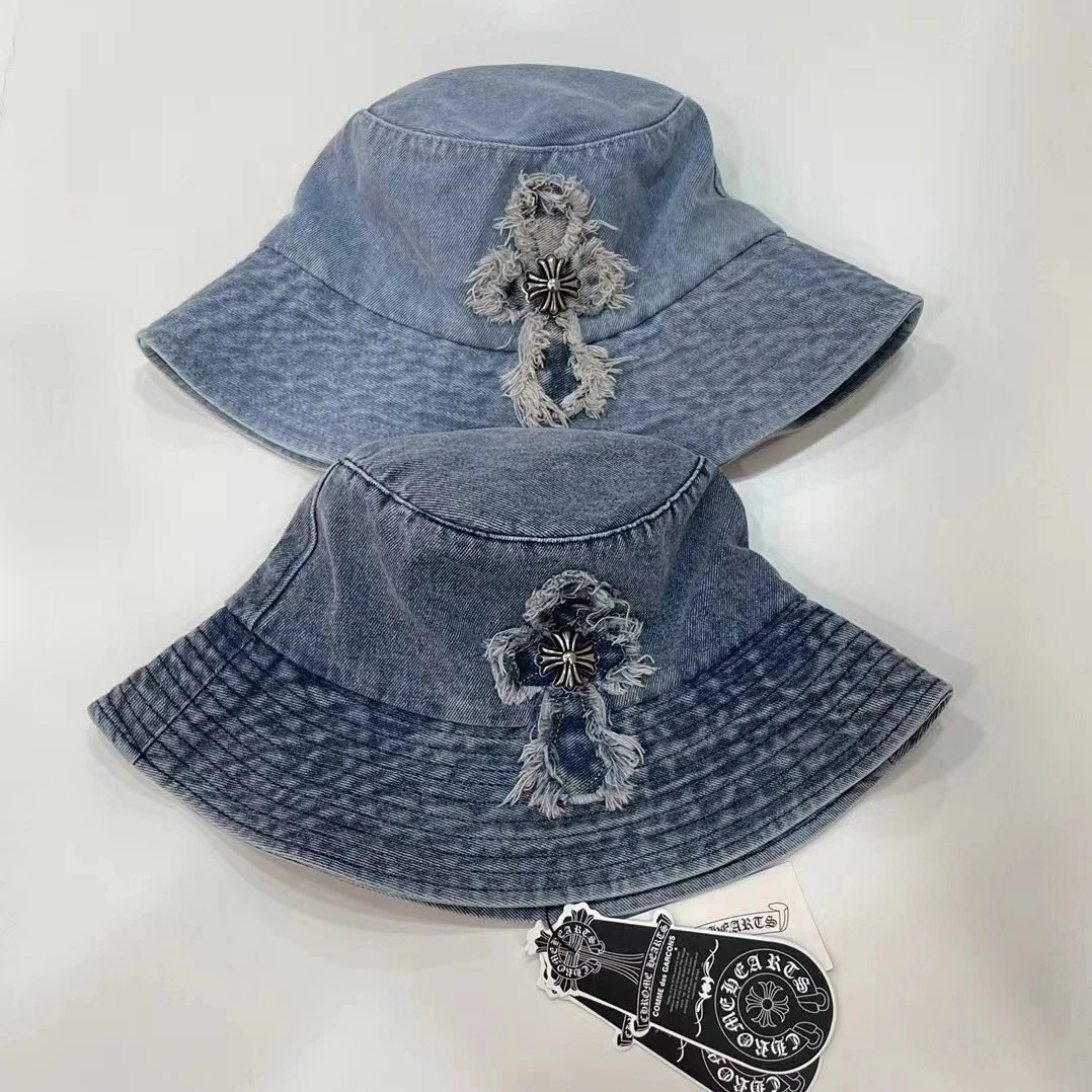 Denim Bucket Hat Light Blue Distressed Cross Embellished Casual