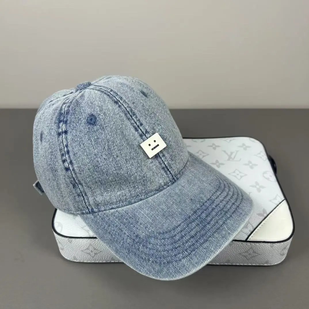 Denim Baseball Cap Light Blue Dark Gray Smiley Patch Casual Hat