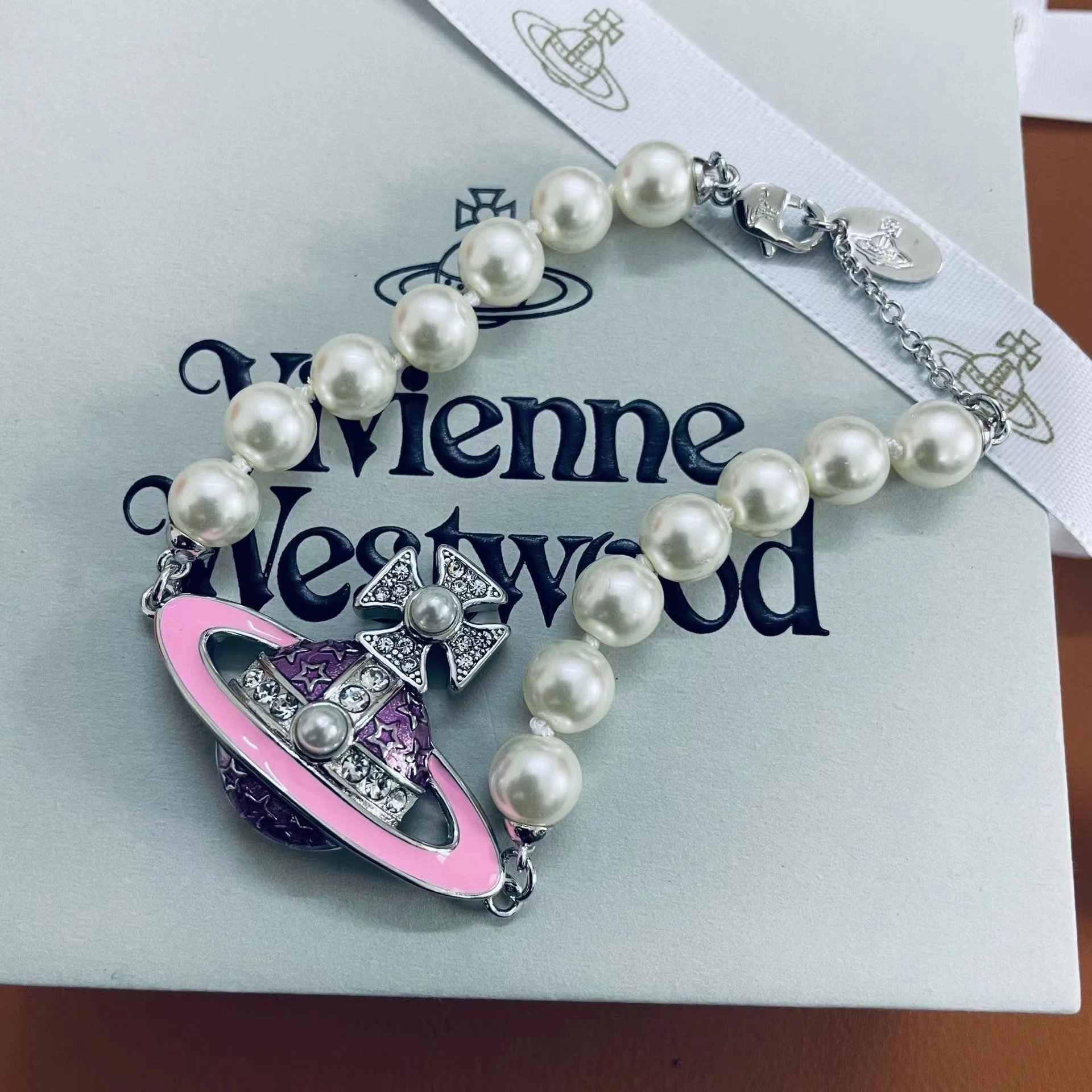 Vivienne Westwood Orb Pink Enamel Pearl Bracelet