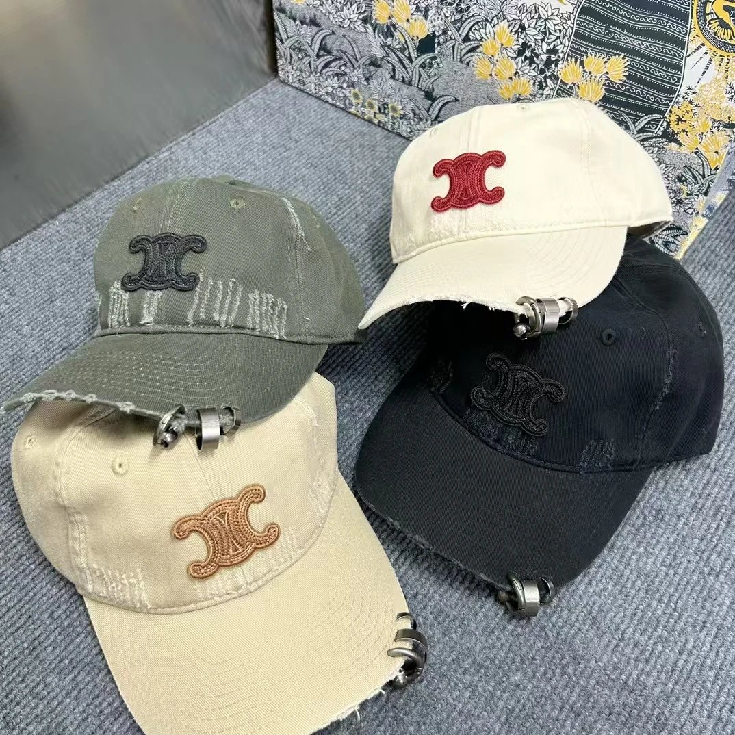 Celine Logo Embroidered Beige White Black Olive Distressed Baseball Cap
