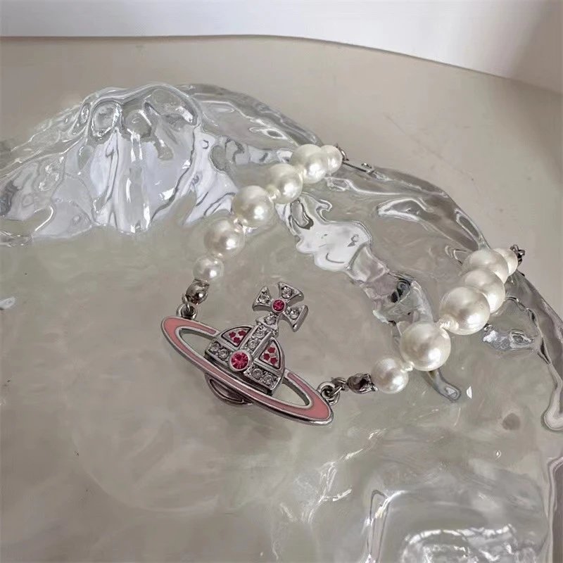 Vivienne Westwood Orb Pink Enamel Pearl Bracelet