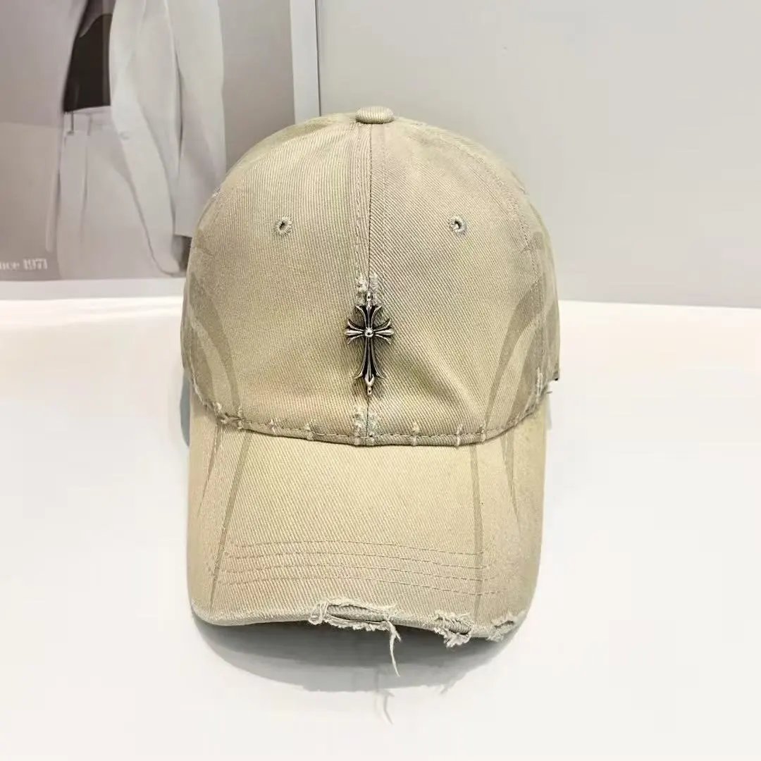 Distressed Denim Baseball Cap with Silver Cross Embroidery