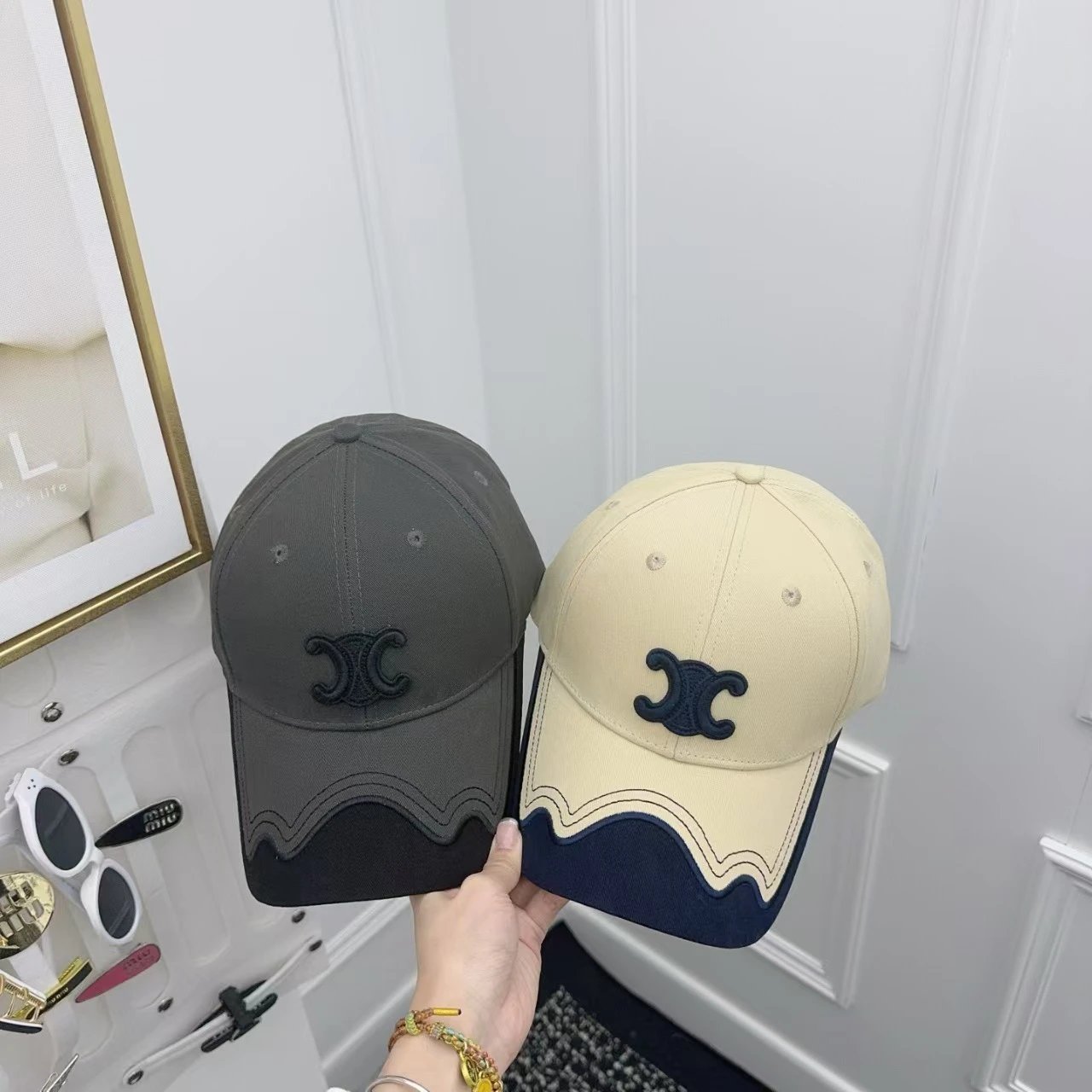 Celine Logo Embroidered Gray And Beige Wavy Brim Baseball Cap