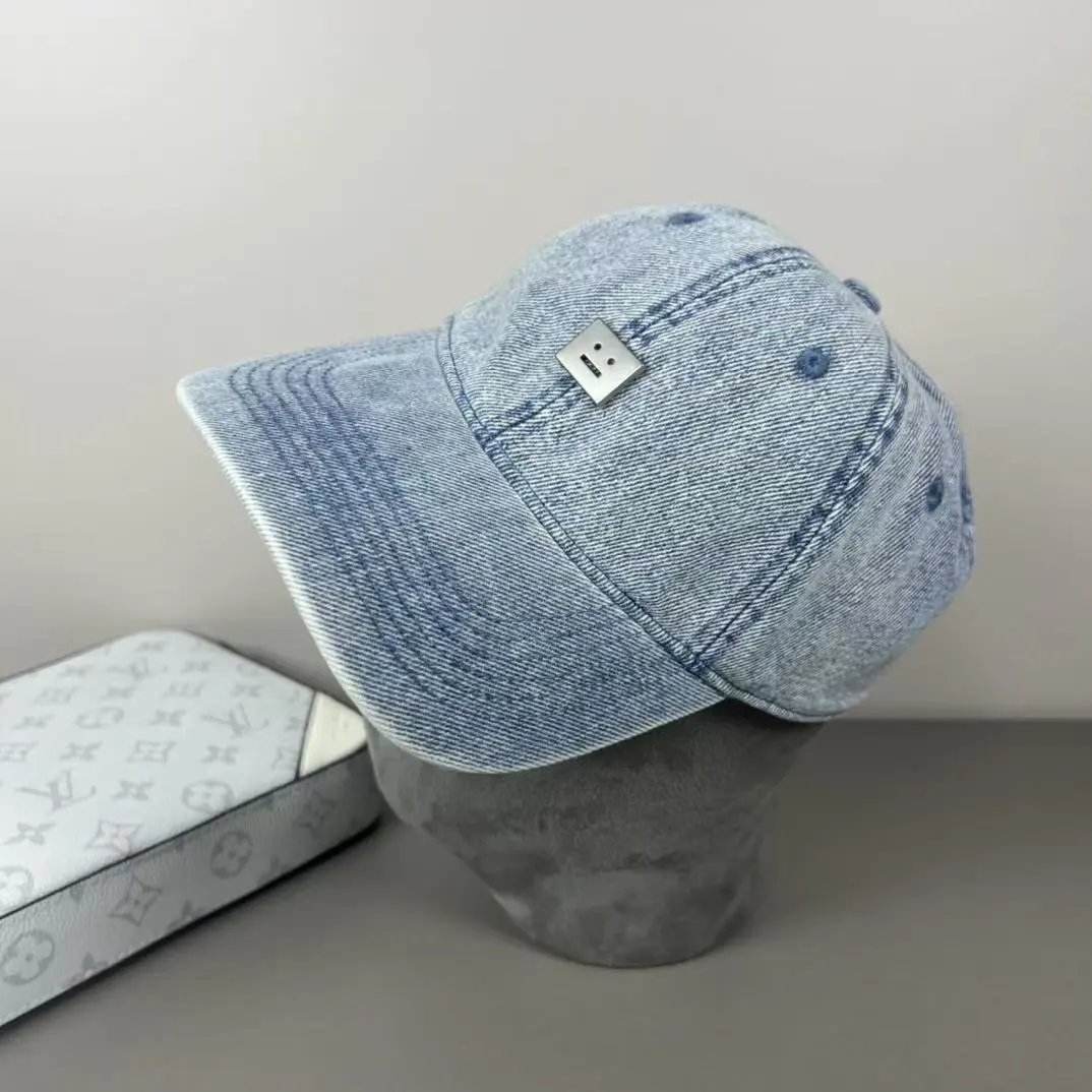 Denim Baseball Cap Light Blue Dark Gray Smiley Patch Casual Hat